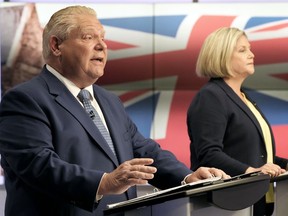 Ontario PC Party Leader Doug Ford and Ontario NDP Leader Andrea Horwath during the Ontario party leaders' debate in Toronto, May 16, 2022.