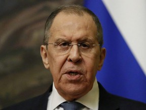 Russian Foreign Minister Sergei Lavrov attends a joint news conference with Eritrean Foreign Minister Osman Saleh following their talks in Moscow, April 27, 2022.