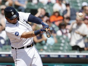 Detroit Tigers designated hitter Miguel Cabrera hits an RBI double in the sixth inning against the Oakland Athletics at Comerica Park.
