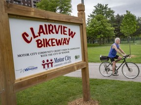 A cyclist rides along the Clairview Bikeway in East Windsor, sponsored by the Motor City Community Credit Union in cooperation with the City of Windsor, on Wednesday, May 25, 2022.