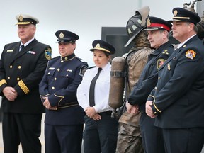 From left: Peter Berry, Windsor Port Authority; Darrin Boismier, Canada Border Services Agency; Michelle Harvey, Correctional Services Canada; Acting Chief Jason Bellaire of Windsor Police Service; and Mike Mio, Windsor Fire and Rescue Services, pose for a photo to promote the upcoming 2022 Can-Am Police-Fire Games in Windsor.