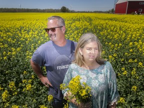 Mike and Tracey Cipkar are pictured in their field of blossoming canola, adjacent to their retail shop, Scoop Ice Cream and Priscilla's Presents on Iler Road in Harrow, on Friday, May 13, 2022.