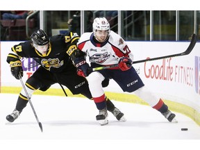 Windsor Spitfires' Nicholas DeAngelis is chased by Sarnia Sting's Alexis Daviault behind the Sting's net in the second period at Progressive Auto Sales Arena in Sarnia, Ont., on Sunday, May 1, 2022.