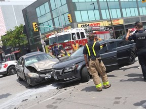 No one was injured in a two-vehicle crash at the intersection of Ouellette Avenue and Wyandotte Street on Saturday, May 21, 2022.