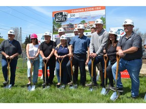 Owners Jennifer and Jim Flynn, along construction representatives, Essex councillors and Mayor Richard Meloche took part in a ceremonial ground-breaking Tuesday, May 10, 2022, for the Grove Retro Motel, a $5-million development in the village of Colchester. Excavation is underway and the motel is expected to be operational in the spring of 2023.