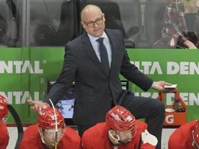 Detroit Red Wings head coach Jeff Blashill argues a call with a referee during the third period of an NHL hockey game against the Anaheim Ducks, Monday, Jan. 31, 2022, in Detroit. The Red Wings defeated the Ducks in overtime 2-1.