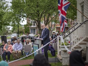 Mayor Drew Dilkens speaks during a celebration of the lease agreement between the City of Windsor and the Ontario Heritage Trust which will provide for regular public access to the Duff Baby Mansion, on Wednesday, May 25, 2022.