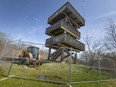 The popular hawk tower at Holiday Beach Conservation Area is shown Wednesday, May 4, 2022, closed and surrounded by fencing while renovation work is underway.