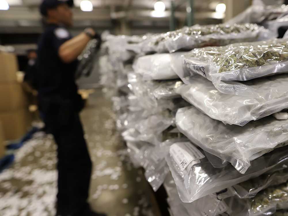 More than 2,000 pounds of packaged marijuana at the U.S. CBP Ford Street Cargo Facility in Detroit on May 11, 2022.
