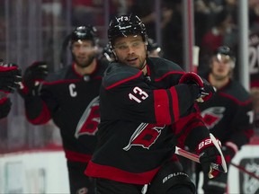 Carolina Hurricanes centre Max Domi celebrates his goal against the Boston Bruins during the second period in Game 7 of the first round of the 2022 Stanley Cup Playoffs at PNC Arena in Raleigh, N.C., May 14, 2022.