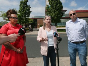 Local provincial NDP candidates Gemma Grey-Hall, (Windsor-Tecumseh), left, Lisa Gretzky (Windsor West) and Ron LeClair (Essex) are shown at a press conference regarding health care in Windsor on Friday, May 20, 2022.