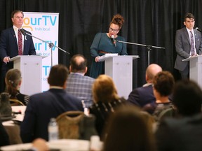 Day 2 of the Ontario election campaign, and the Windsor-Essex Regional Chamber of Commerce was already hosting an all-candidates debate. Among those on the stage on Thursday, May 5, 2022, were Windsor-Tecumseh candidates Gary Kaschak (Liberal), left, Gemma Grey-Hall (NDP), Andrew Dowie (PC).