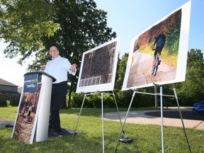 Mayor Drew Dilkens speaks during a press conference on Tuesday, May 31, 2022, near the South Cameron Woodlot where the city hopes to create an environmentally sensitive trail.