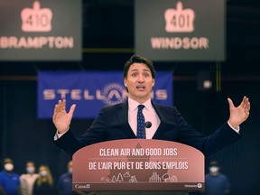 'Building a world-leading auto industry.' Prime Minister Justin Trudeau speaks at a press conference in Windsor on Monday, May 2, 2022, where Stellantis announced a $3.6-billion investment to retool its Windsor and Brampton facilities.