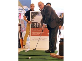 Windsor Mayor Drew Dilkens competes in a betting contest of dignitaries who attended a Tourism Windsor Essex Pelee Island press conference on Wednesday May 11, 2022 at the Devonshire Shopping Centre.