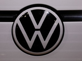 FILE PHOTO: Volkswagen logo is pictured at the 2022 New York International Auto Show, in Manhattan, New York City, U.S., April 13, 2022.