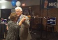 Rick Nicholls dances with his wife, Dianne, at T-Bones Grill House in Chatham on Thursday night, after finishing third for the Ontario Party in Chatham-Kent-Leamington in the provincial election. (Trevor Terfloth/The Daily News)