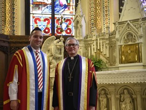 Dr. John Cappucci, principal of Assumption University (left), with Bishop Ronald Fabbro, Diocese of London, on Saturday, June 18, 2022. Assumption University marked its 165 anniversary with a ceremony on Saturday.