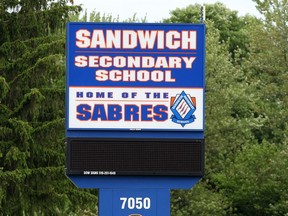 The Sandwich Secondary School sign is shown on May 30, 2018.