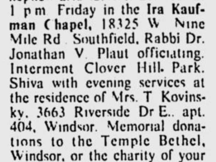  The Feb. 18, 1982, obituary for Bill Kovinsky in the Windsor Star.