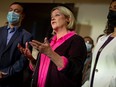 Ontario NDP Leader Andrea Horwath talks to the media during a campaign stop in Brampton Wednesday, June 1, 2022.