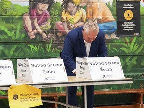 Ontario PC Leader Doug Ford votes in Toronto on Thursday, June 2, 2022. Eligible voters for Ontario's provincial election can cast a ballot in person from 9 a.m. to 9 p.m. ET.