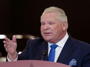 Ontario PC Leader Doug Ford speaks at a campaign stop in Windsor, May 2, 2022.