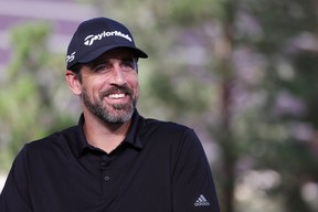 Aaron Rodgers takes part in the Bleacher Report Hot Seat Press Conference prior to Capital One's The Match VI - Brady & Rodgers v Allen & Mahomes at Wynn Golf Club on June 01, 2022 in Las Vegas, Nevada.