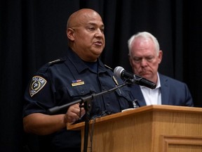 Uvalde Police Chief Pete Arredondo speaks at a press conference following the shooting at Robb Elementary School in Uvalde, Texas, May 24, 2022.