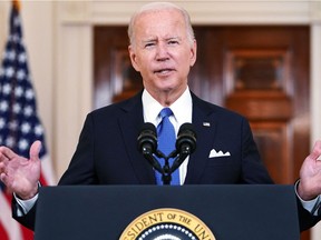 US President Joe Biden addresses the nation in the Cross Hall of the White House in Washington, DC on June 24, 2022 following the US Supreme Court's decision to overturn Roe vs. Wade. - The US Supreme Court on Friday ended the right to abortion in a seismic ruling that shreds half a century of constitutional protections on one of the most divisive and bitterly fought issues in American political life. The conservative-dominated court overturned the landmark 1973 "Roe v Wade" decision that enshrined a woman's right to an abortion and said individual states can permit or restrict the procedure themselves. (Photo by MANDEL NGAN / AFP)