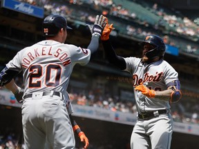 Detroit Tigers catcher Eric Haase (13) is congratulated by first baseman Spencer Torkelson (20) on Wednesday, June 29, 2022, after hitting a two run home run during the sixth inning against the San Francisco Giants at Oracle Park.