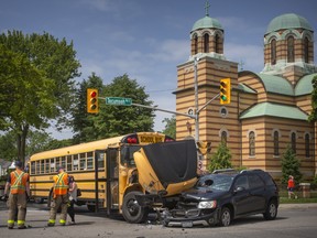 A school bus and an SUV collided at the intersection of Tecumseh Road East and Meldrum Road, on Tuesday, June 14, 2022.  Minor injuries were reported.