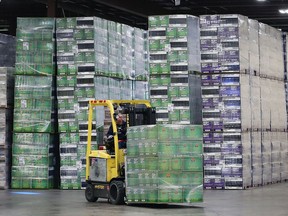 A forklift operator moves stock at the Diageo Canada bottling plant in Amherstburg on Friday, June 3, 2022.