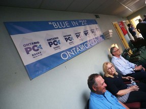 The campaign headquarters and supporters of Essex PC candidate Anthony Leardi in Amherstburg are seen ahead of results for the Ontario 2022 election on Thursday June 2, 2022.