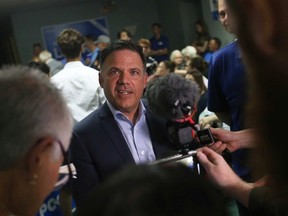 Essex PC candidate Anthony Leardi speaks to reporters after having been declared the victor at his campaign headquarters in Amherstburg on Thursday, June 2, 2022.