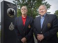 Soldier support. Dave Woodall, left, and Glenn Stannard, civilian volunteers with Delta Company and supporters of The Essex and Kent Scottish Regiment, are pictured at Dieppe Park, on Monday, June 13, 2022.