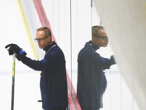 Winnipeg Jets head coach Paul Maurice looks on at practice during their NHL summer training camp as the NHL reopens during COVID-19 in Winnipeg, Tuesday, July 14, 2020.