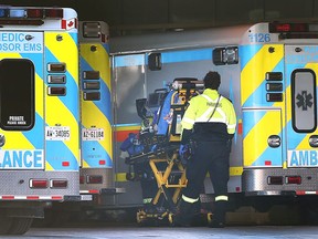 Ambulances are shown outside the emergency department at Windsor Regional Hospital's Ouellette campus on Jan. 3, 2022.
