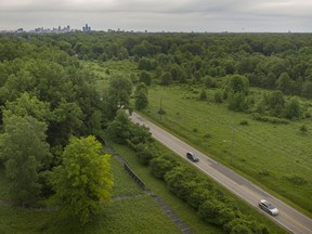 An aerial view of Matchett Road and the Ojibway Prairie Provincial Nature Reserve, is seen on Wednesday, June 8, 2022.
