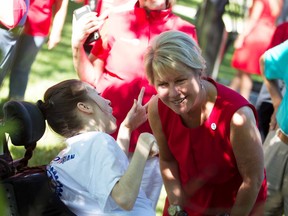 Jennifer Jones, Rotary International president-elect, speaks with Ashley Gialelem at Jackson Park in Windsor on June 27, 2022, following a ceremony honouring the Windsor woman's new position.