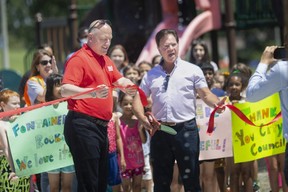 Mayor Drew Dilkens and Ward 8 Coun. Gary Kaschak were joined by students from W.J. Langlois Catholic and William G. Davis elementary schools on Friday to cut the ribbon on the newly installed splash pad at Fountainebleau Park.