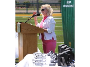 St. Clair College will be launching a new drone course this September in the journalism and media convergence programs and next year in the PR program. Veronique Mandal, coordinator of the journalism program speaks at a press conference at the main campus on Tuesday, June 21, 2022.