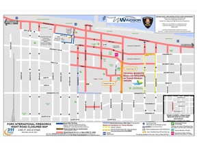 A map of Windsor street closures for Monday, June 27, 2022, starting a 6 p.m. for the Ford Fireworks.