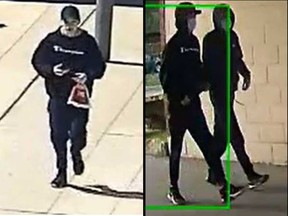 Surveillance camera images of two male suspects believed to be involved in a stabbing on Sandwich Street in Windsor on the night of June 2, 2022.