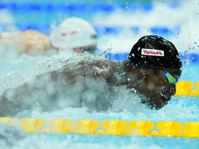Joshua Liendo of Canada competes during the men's 100m butterlfy semifinal at the 19th FINA World Championships in Budapest, Hungary, Thursday, June 23, 2022. Liendo claimed his second medal at the world aquatics championships with a bronze in the men's 100-metre butterfly Friday.