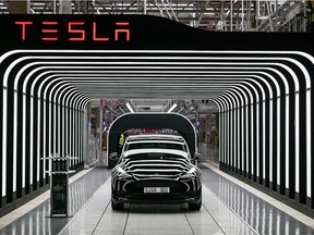 FILE PHOTO: Model Y cars are pictured during the opening ceremony of the new Tesla Gigafactory for electric cars in Gruenheide, Germany, March 22, 2022.