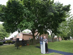 Windsor Mayor Drew Dilkens, left, and Ward 10 councillor Jim Morrison are shown at a press conference on Monday, June 20, 2022 regarding tree planting initiatives in the city.