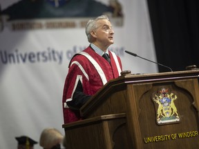 University of Windsor president Robert Gordon speaks Tuesday at the WFCU Centre to the first of thousands of students graduating this week.