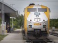 A VIA Rail train rolls into the Walkerville train station, on Wednesday, June 8, 2022.