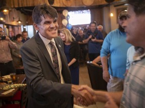 PC candidate, Andrew Dowie, greets his supporters at The Bourbon Tap & Grill Tecumseh after being declared the winner in Windsor-Tecumseh, on Thursday, June 2, 2022.